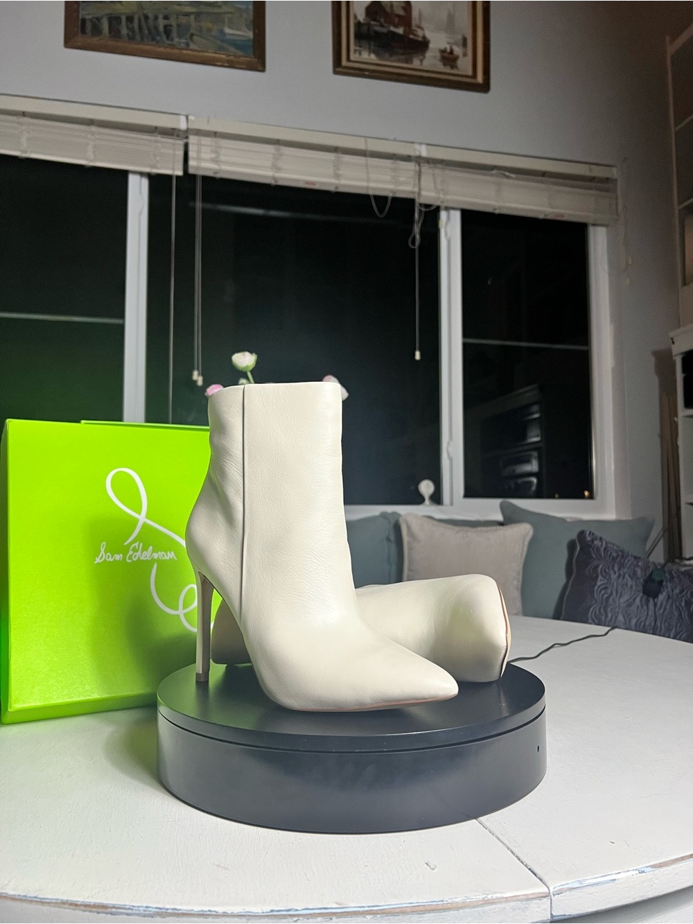 Sam Edelman Cream Leather Pointed-Toe Stiletto Ankle Boots